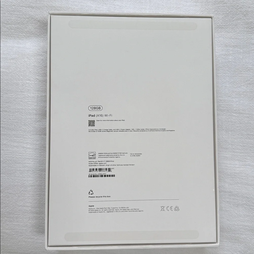 Apple 128GB iPad (A16) Wi-Fi MD3Y4LL/A MODEL A3354 SILVER 2025 BOX ONLY +INSERTS